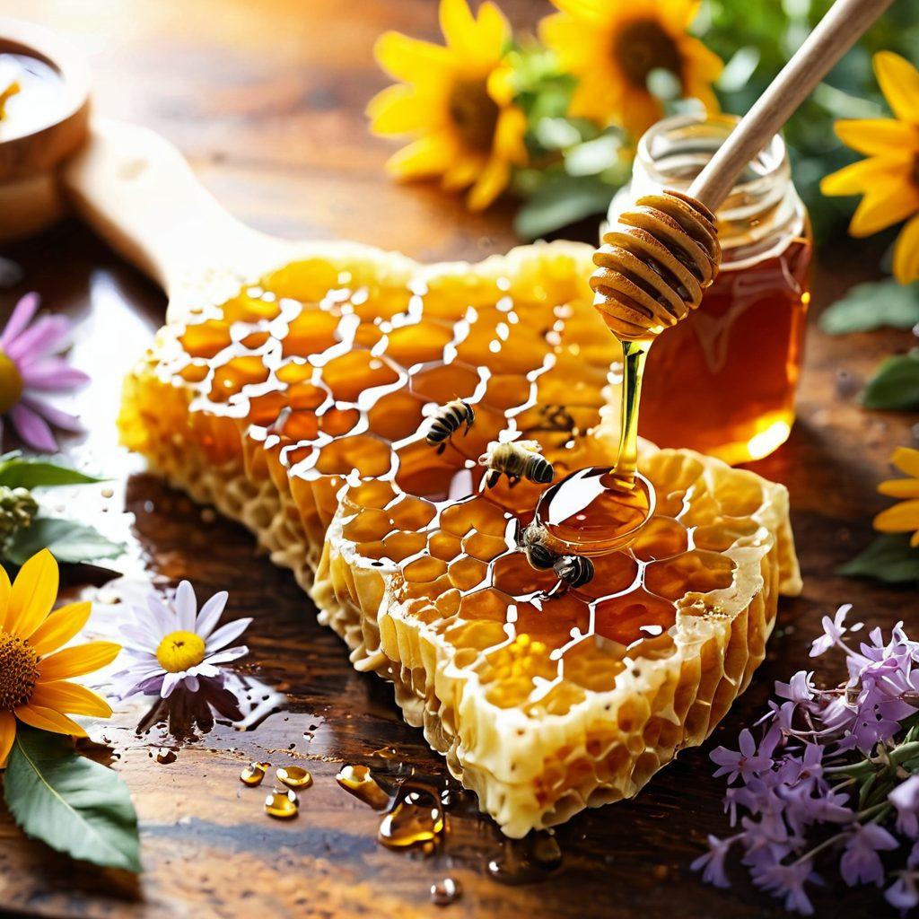 A close-up of a drizzling honeycomb with golden, glistening raw organic honey pooling around it, surrounded by vibrant wildflowers and a rustic wooden spoon. Soft sunlight filters through, creating a warm, inviting atmosphere, with a few bees gently hovering nearby. Include health-related symbols like a heart or a wellness icon subtly integrated in the background. super-realistic. vibrant colors. natural setting.