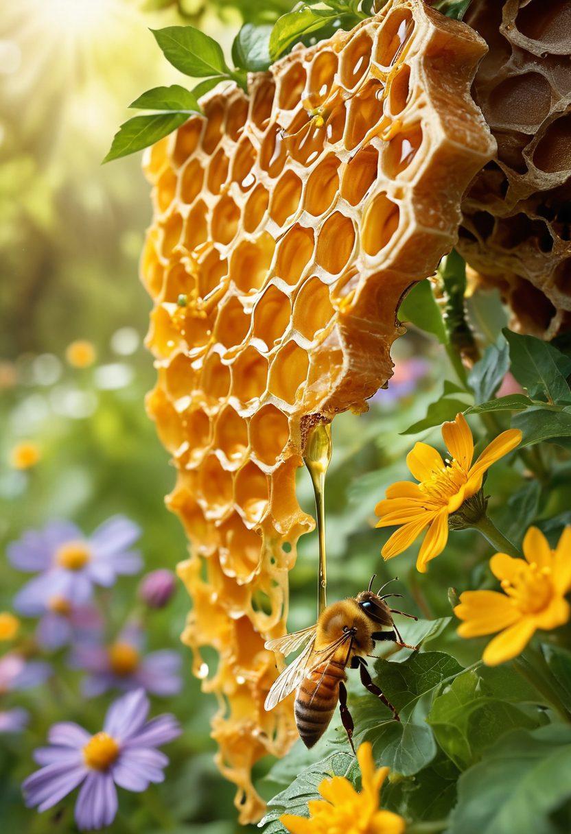 A close-up view of a luscious honeycomb drizzled with golden honey, surrounded by vibrant wildflowers and green leaves, depicting the essence of nature's bounty. A soothing background of a tranquil forest or garden setting to enhance the natural theme. Soft sunlight filtering through, creating a warm, inviting atmosphere. super-realistic. vibrant colors. soft focus.