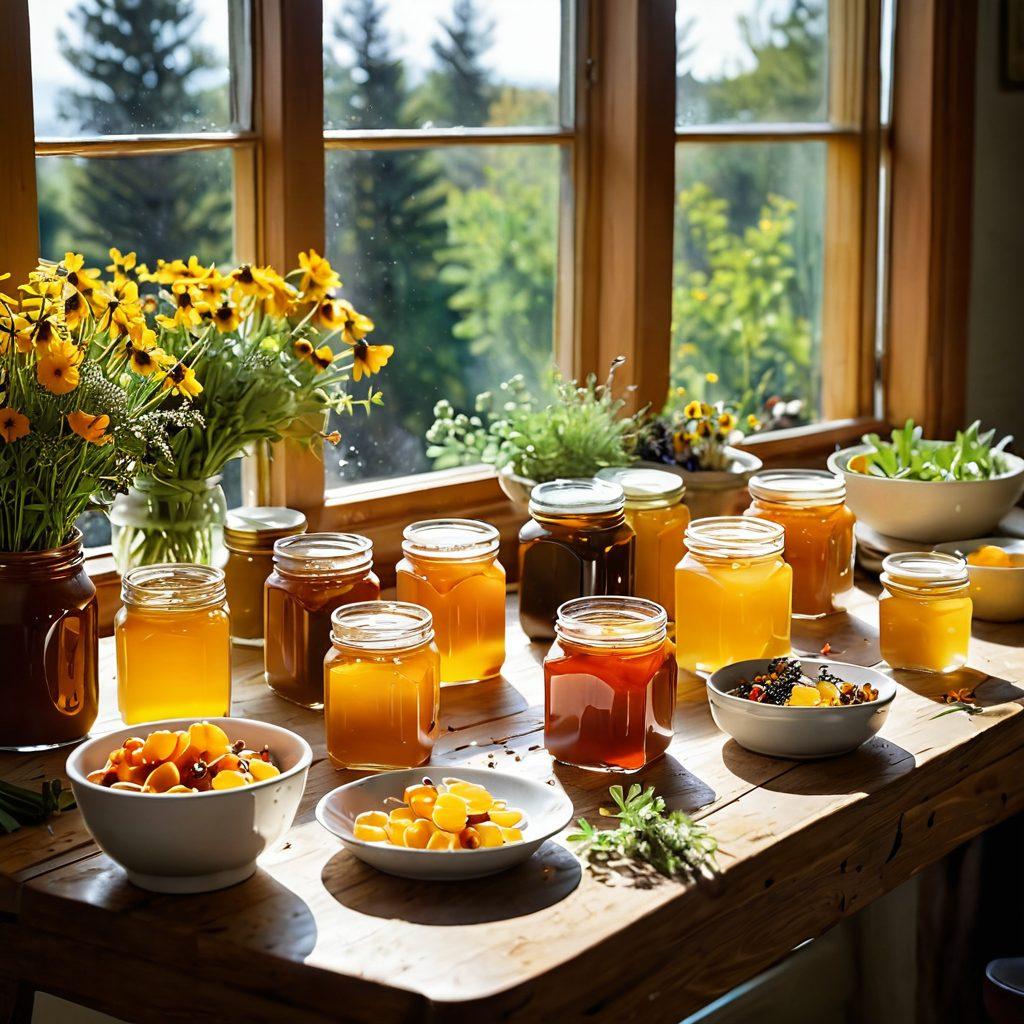 An inviting kitchen table spread with various jars of local honey, overflowing with golden sweetness. Feature creative recipes like honey-glazed carrots and honey-infused desserts, surrounded by fresh fruits and herbs. Sunlight filters through a nearby window, casting a warm glow over the scene. Include bees buzzing around vibrant wildflowers in the background, symbolizing nature's gift. bright and colorful. super-realistic.